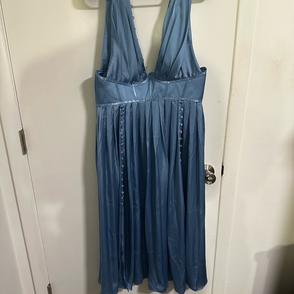 ASOS corset plunge pleated satin midi dress with button detail in blue